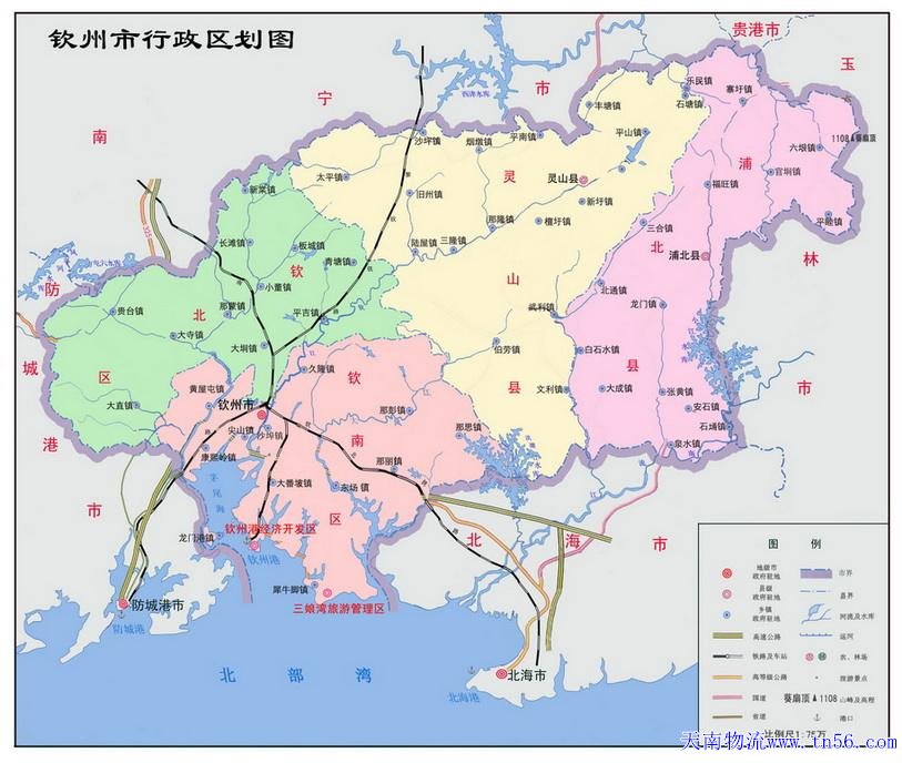 东莞到钦州市货运地图